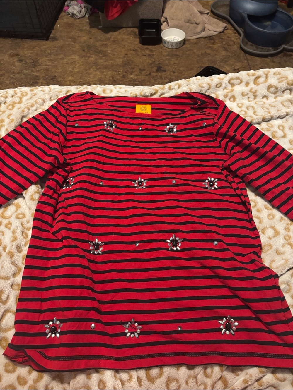 Ruby Rd. Red and Black Striped Long Sleeve Tee with Beaded Embellishments